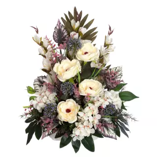 Jardinera cementerio flores artificiales gladiolos, magnolias y alliums crema 53. Funerario. Jardineras, ramos
