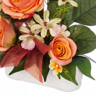 Jardinera cementerio flores artificiales rosas y orquídeas naranja 34. Funerario. Jardineras, ramos