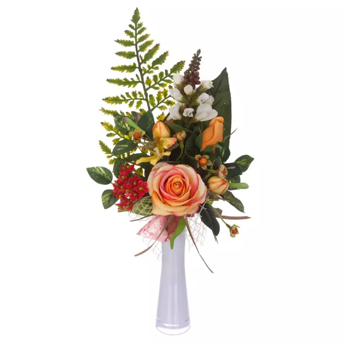 Arreglo floral cymbidium y rosas artificiales naranja jarrón 47. Funerario. Jardineras y centros artificiales