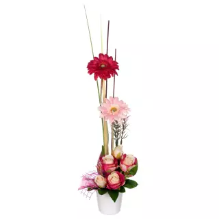 Arreglo floral gerberas artificiales rosa cereza y rosas bicolor maceta.  Arreglos florales artificiales